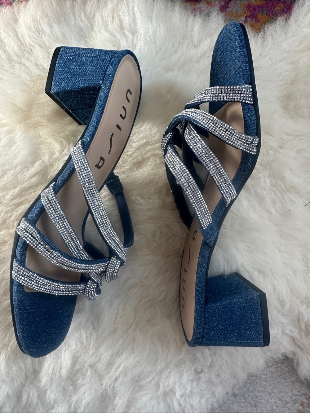Unisa Denim Rhinestone Sandals Womens 7 Blue Block Heel Open Toe New - Picture 3 of 9